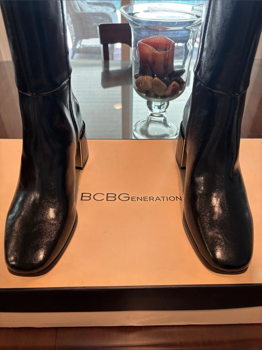 BCBGeneration Black Over-The-Knee Block Heel Boots with Gold Accent